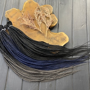Dreads thin twisted synthetic double ended dreadlocks + black solid braids, black ombre on navy dark gray dreads extensions boho
