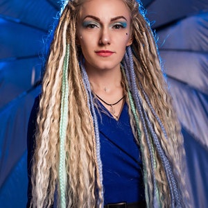 Blonde Ombre Dreadlock Extensions: White, Mint & Blue Boho Braids