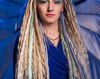 Blonde Ombre Dreadlock Extensions: White, Mint & Blue Boho Braids