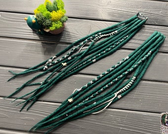 Clip in dreads wool dark emerald green bandage silver thread, silver metal beads, crow skull metal, bones beads clip in extensions creative