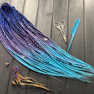 Synthetic dreads thin twisted ombre ink blue purple light blue, violet bandage, beads bats as a gift boho dreads extensions viking style