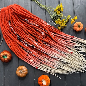 Wool dread lock ombre orange-red on white blond bandage, boho style bone beads as a gift lock extensions
