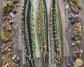 Light Brown Green Wool Dreadlock Extension Clips Forest Elven Hair Piece
