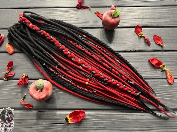 Ombre Wool Dreadlocks: Red and Black Braids With Gold Thread  display picture 1