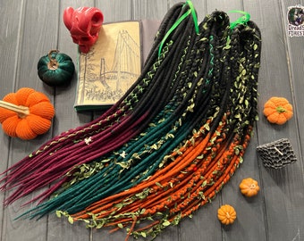 Ombre Wool Dreadlocks - Black, Burgundy, Green with Leaves and Bone Beads