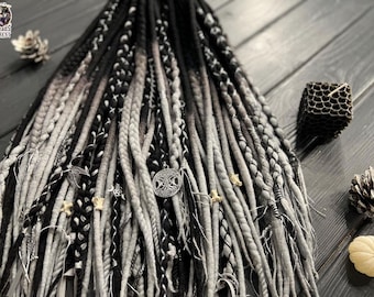 Extensiones de rastas de lana ombré en gris y negro / estilo vikingo