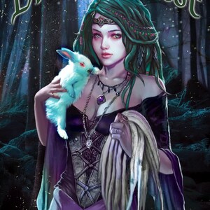A woman with green hair and a purple dress is holding a small white rabbit in a dark forest setting. The text above the image reads "Dreads Forest" and below the image, it says "We will dread you".