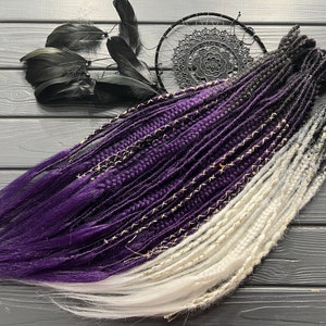 Natural look synthetic dreadlocks + fishtail braids black and purple ombre, black and white ombre beads and bandage as a gift, loose ends
