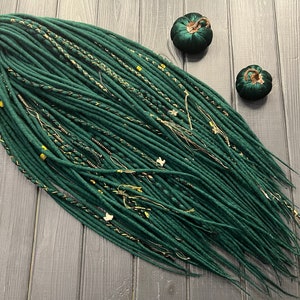 Merino Wool Dreadlocks: Dark Emerald, Gold Beads, Boho Viking Style