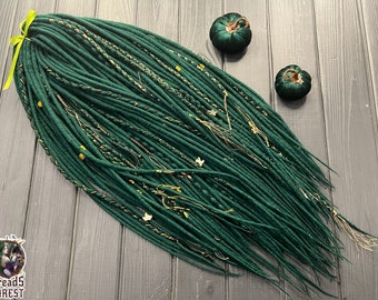 Merino Wool Dreadlocks: Dark Emerald with Gold Beads