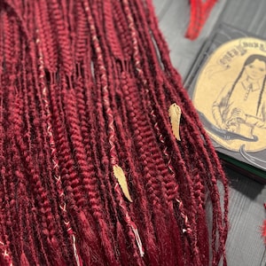 Burgundy Maroon Synthetic Dreadlocks: Fishtail Braids, Gold Wings
