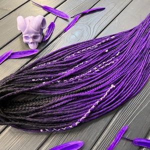 5 DE - 70 DE thin twisted synthetic dreadlocks double single ended dreads + ombre braids black on purple