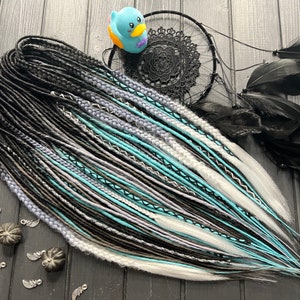 Synthetic dreads thin twisted + fishtail braids black, black-dark gray ombre, black-light gray ombre, black-blue ombre hair extensions