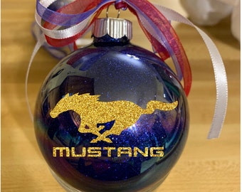 Mustang ornament-Blue glitter-Gold lettering and logo-customizable!