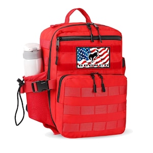 May include: Red backpack with a black zipper and a black strap. The backpack has a large pocket on the front with a patch that says "BRONCO" and has an American flag with a horse on it.