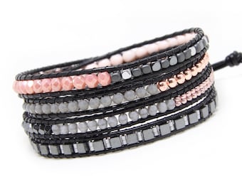 Leather hematite Bracelet Wrap Bracelet Beaded Bracelet Leather Wrap Bracelet Pink bracelet Gift for friend