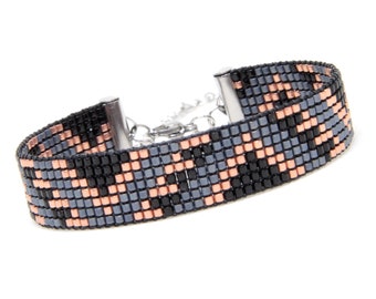 Baded Bracelet, Bead loom bracelet, Seed bead bracelet, Black bracelet, Wide beaded bracelet, Beaded cuff bracelet, Bohemian bracelet