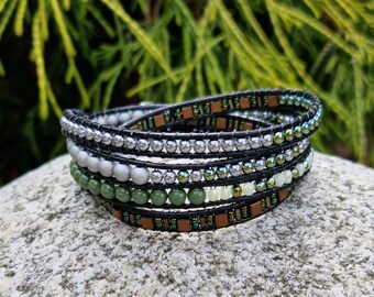 Green cooper wrap boho bracelet with beads, beadwork bracelet, boho jewelry, bohemian bracelet, leather bracelet, boho bracelet wrap