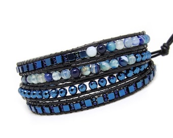 Leather bracelet with agate, boho wrap bracelet, bohrmian blue bracelet, mother's day gift, minimalist bracelet, bridesmaid gifts