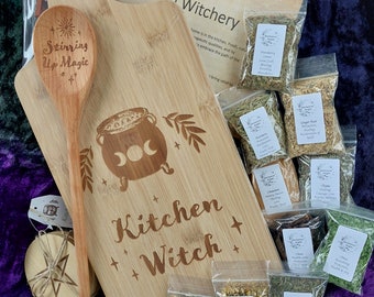 Kitchen Witch Kit - 10 Herbs - Chopping Board - Wooden Spoon - Coasters