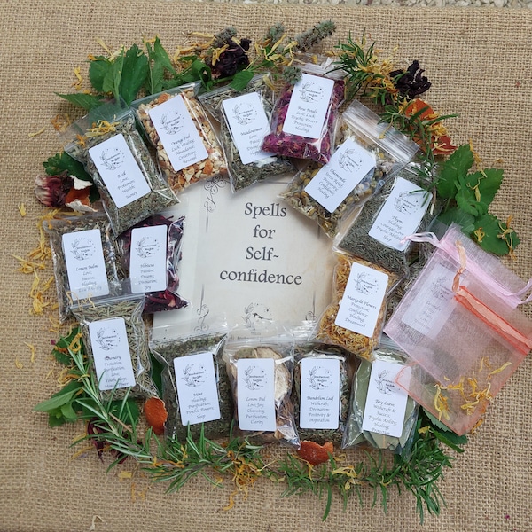 Self Confidence Spell Kit 6 Spells + 15 herbs  - Spell Box - Wicca - Pagan - Rituals - Charms - Herbs - Altar