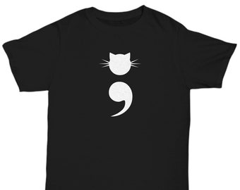 May include: Black t-shirt with a white cat silhouette and a semicolon.