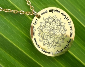 Personalized Nam Myoho Renge Kyo Spiritual Jewelry Buddhist Necklace Back engraved Renge SGI Diamoku Buddhist Mantra pendant silver  Gold