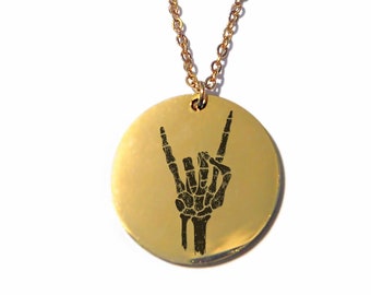 Skeleton Hand Rock on Necklace Stainless Steel or 18K Gold Plated Laser Engraved Round Pendant