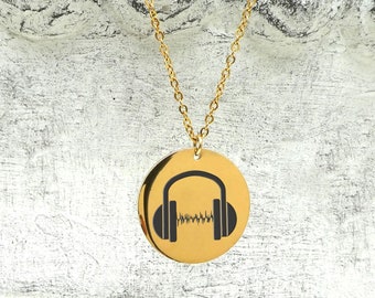 Sound Bar DJ headphone Stainless Steel or 18 K Gold Plated Laser Engraved Round Pendant Necklace for men women Soundman Headset Pendant Gift