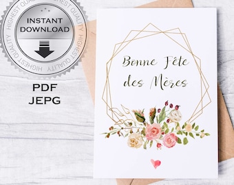 Carte Fête des mères en français Carte de fête des mères Aquarelle de fleurs en français Cartes de voeux PDF imprimables fichiers numériques à téléchargement immédiat