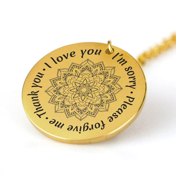 Ho Oponopono Spiritual Necklace Mandala Healing Jewelry Hooponopono Hoʻoponopono Mantra Pendant  Meditation gift Laser Engraved Silver Gold