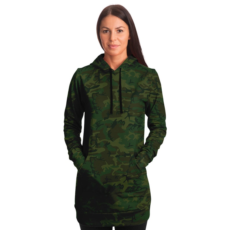 Dark Army Green Hoodie Dress Fitted Gift for Teen Girl Women Long Sleeve Army Print Apparel