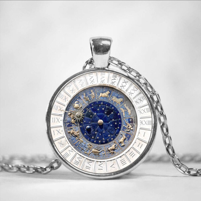 Venice Astronomical Clock Necklace Silver Plated Round Zodiac sign Pendant
