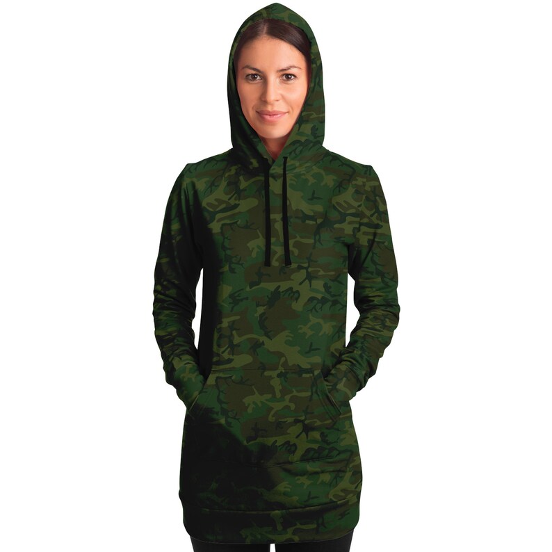 Dark Army Green Hoodie Dress Fitted Gift for Teen Girl Women Long Sleeve Army Print Apparel