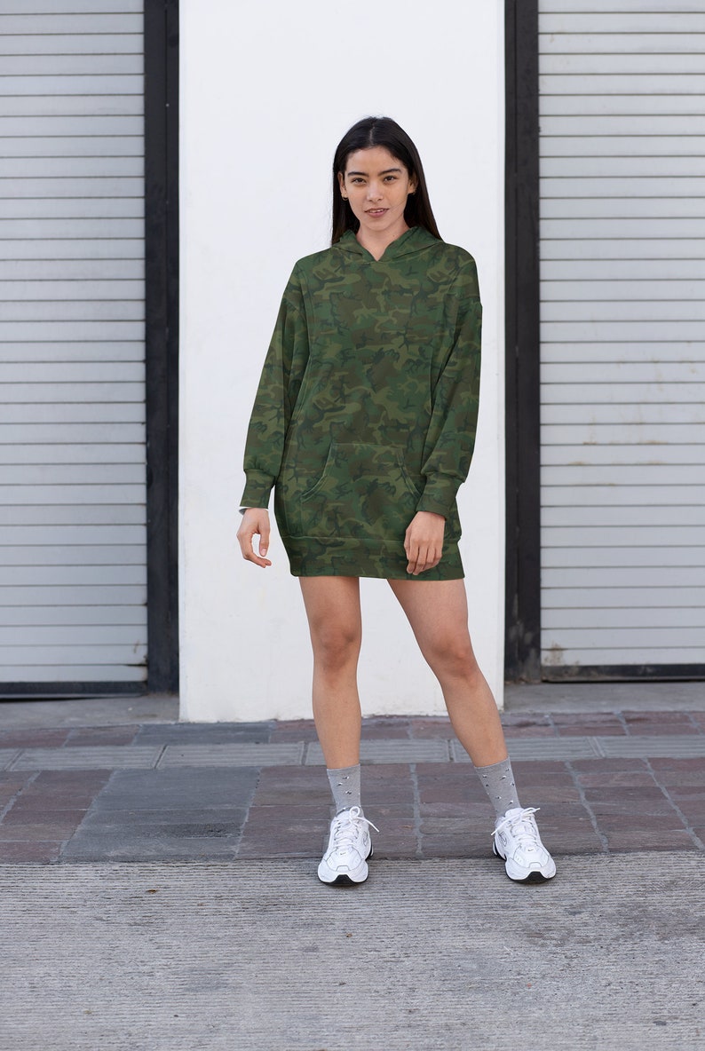 Dark Army Green Hoodie Dress Fitted Gift for Teen Girl Women Long Sleeve Army Print Apparel