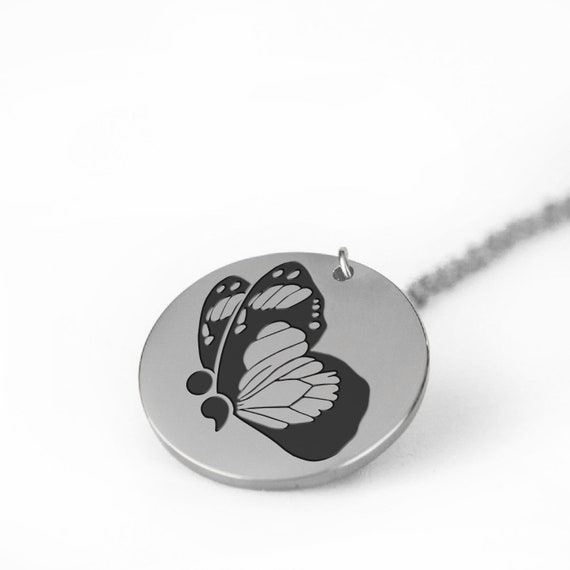 Semicolon Butterfly Necklace Semi colon pendant Stainless steel or Gold plated Semi colon Charm for men or women