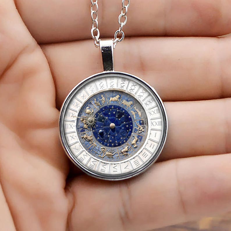 Venice Astronomical Clock Necklace Silver Plated Round Zodiac sign Pendant