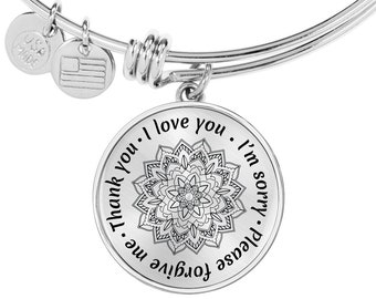 Personalized Ho Oponopono Spiritual Luxury Bangle Mandala Healing Jewelry Hooponopono Hoʻoponopono Mantra Meditation gift Silver or Gold