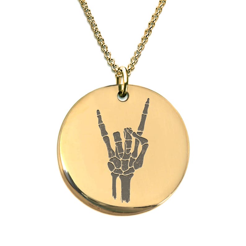 Skeleton Hand Rock on Necklace Stainless Steel or 18 K Gold Plated Laser Engraved Round Pendant