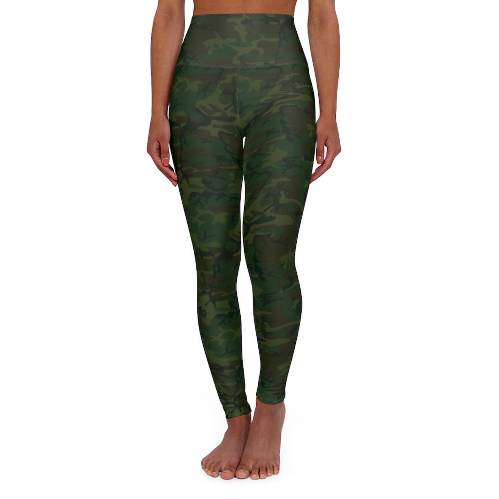 High Waisted Dark Army Green Print Yoga Leggings Skinny Fit Durable