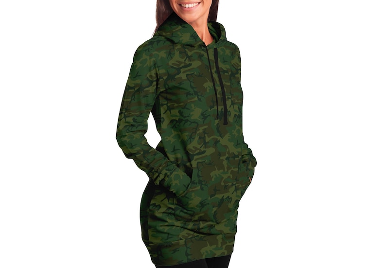 Dark Army Green Hoodie Dress  Fitted Gift for Teen  Girl Women Long Sleeve Army Print Apparel