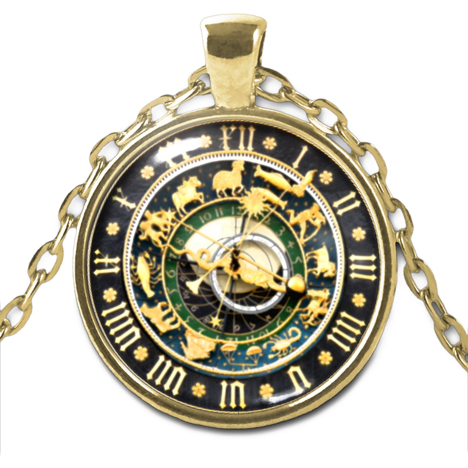 Ulm Astronomical Clock Necklace Gold Plated Round Zodiac signs Etsy