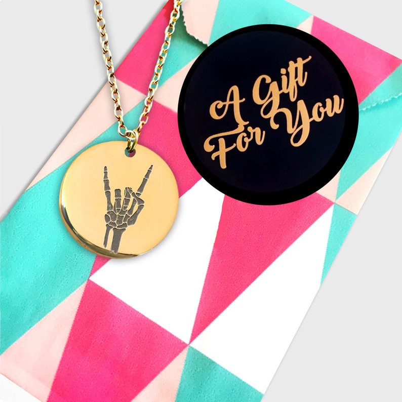 Skeleton Hand Rock on Necklace Stainless Steel or 18 K Gold Plated Laser Engraved Round Pendant