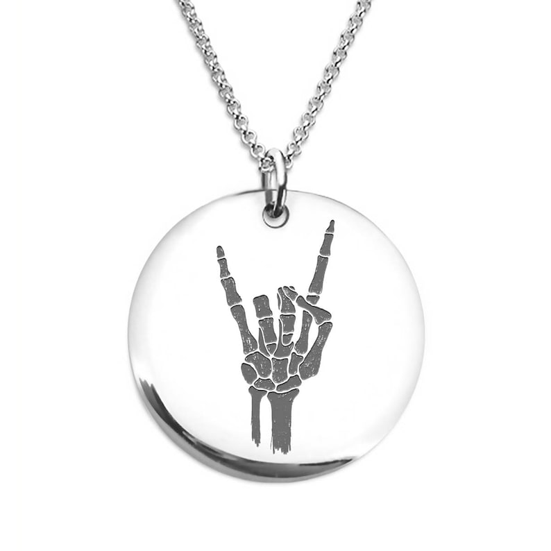 Skeleton Hand Rock on Necklace Stainless Steel or 18 K Gold Plated Laser Engraved Round Pendant