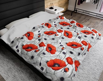 Velveteen Plush Blanket Poppies Flower Watercolor Bed cover Print Art Decor with California Italy Poppies Floral Designed Red and Black