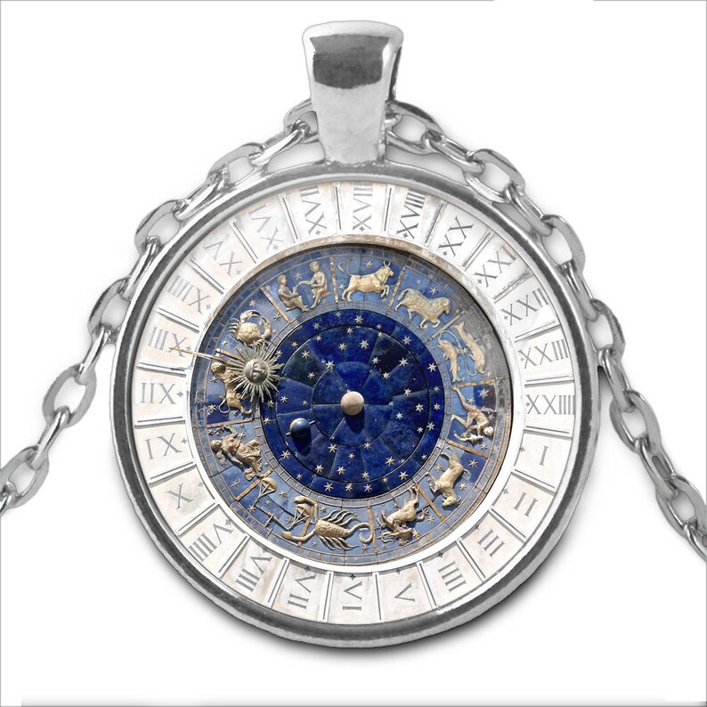 Venice Astronomical Clock Necklace Silver Plated Round Zodiac sign Pendant