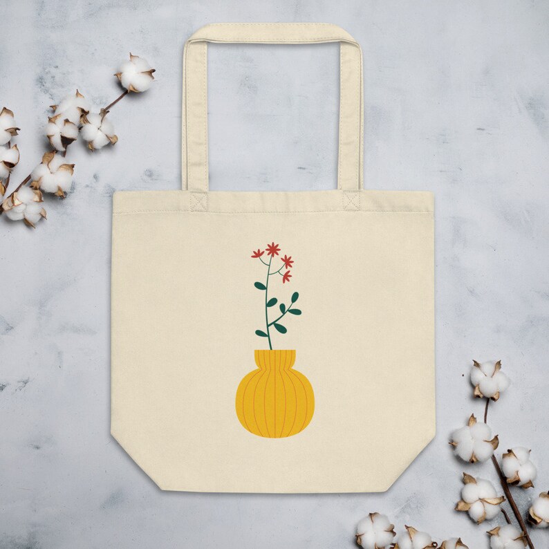 Eco Friendly Fall Bag Flower in a Vase Organic Cotton Eco Tote Bag Floral Boho Bag Plants Autumn Bag Botanical Market Bag