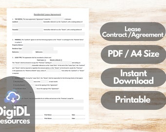 Rental Agreement, Lease Contract Template, Landlord Forms, Printable Residential Housing Agreement, Digital Apartment Contract, PDF, A4 Size