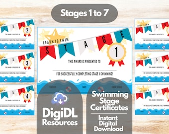 Printable Swim Lesson Certificate, Stage 1 to 7 Swimming, Swimming Award, Beginner Swimmer, Swim Teacher, Swim Instructor, Instant Download