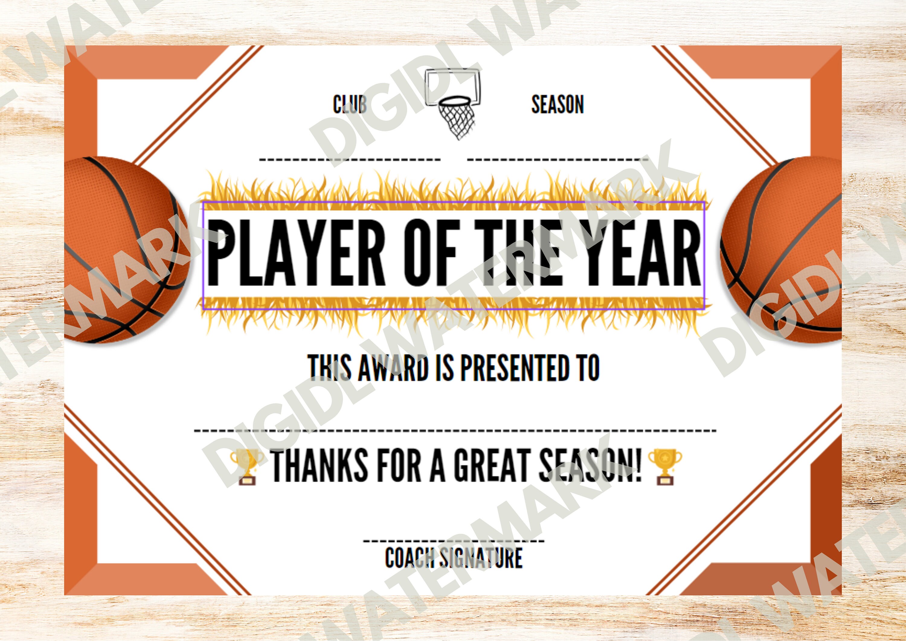 Printable A4 Basketball SEASON Award Certificate, 50x End of Season Basketball Award, Basketball ...